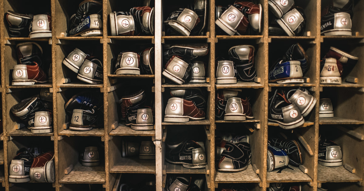 shoe racks at a bowling alley